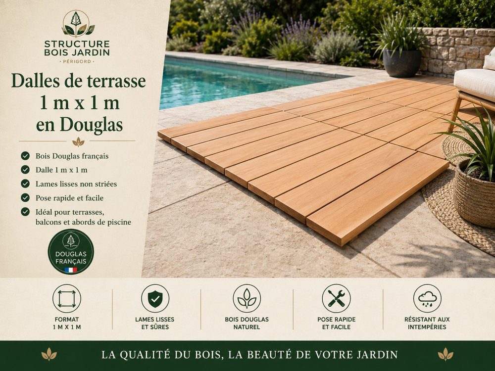 Dalle de terrasse en Douglas 1 m x 1 m à lames lisses non striées