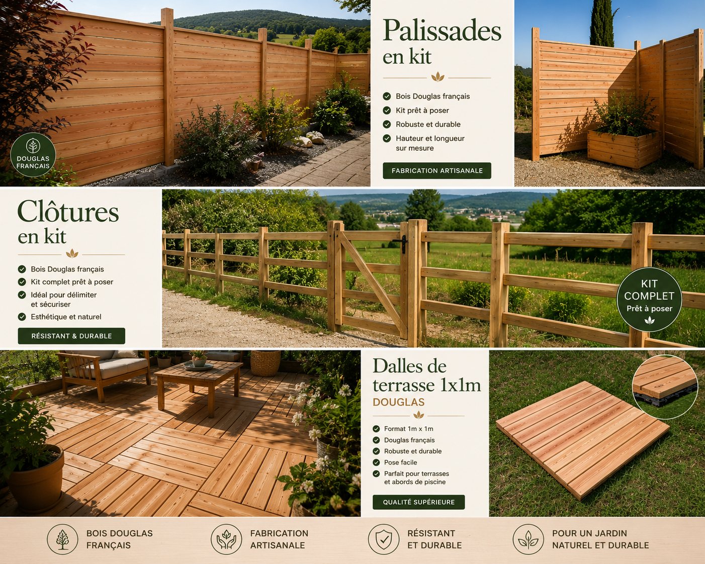 Visuels de structures bois pour jardin : clôtures, palissades, dalles de terrasse et carrés potagers